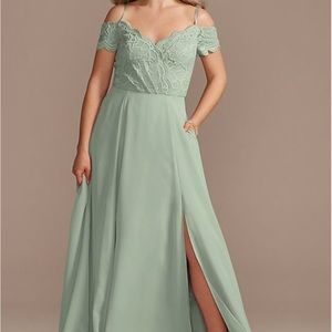Lace-chiffon Dusty Sage off-shoulder bridesmaid